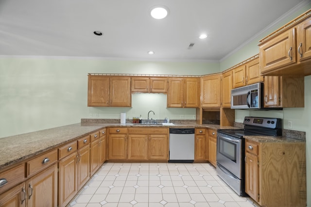 kitchen with crown molding, sink, stone countertops, kitchen peninsula, and stainless steel appliances