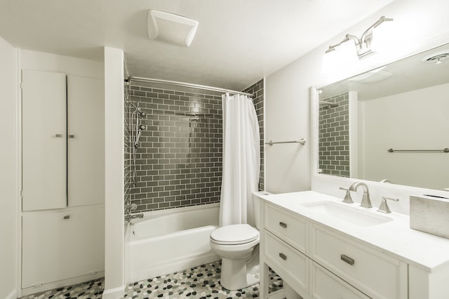 full bath featuring visible vents, shower / bath combo, vanity, and toilet