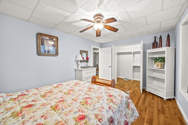 bedroom featuring a closet, ceiling fan, a drop ceiling, and wood-type flooring