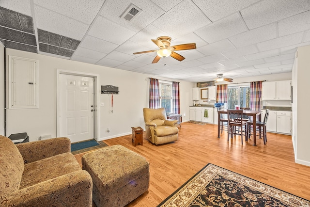 living room featuring light wood-type flooring, electric panel, a drop ceiling, and ceiling fan