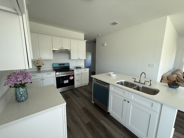 kitchen with dark wood-type flooring, sink, white cabinets, and stainless steel appliances