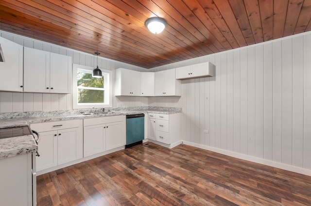 kitchen featuring wooden ceiling, stainless steel dishwasher, dark hardwood / wood-style floors, pendant lighting, and white cabinets