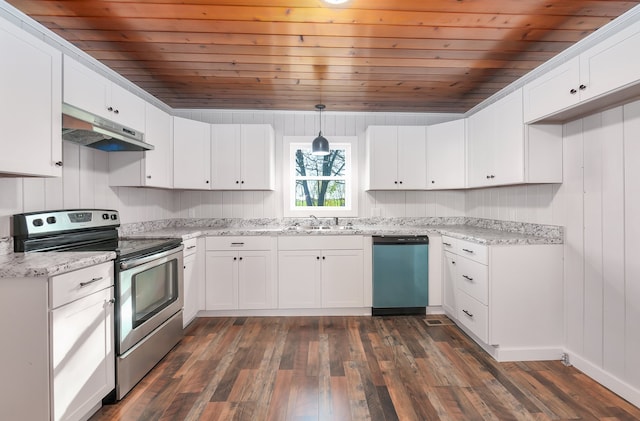 kitchen with white cabinets, decorative light fixtures, dark hardwood / wood-style floors, and appliances with stainless steel finishes