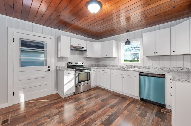 kitchen featuring white cabinets, decorative light fixtures, and appliances with stainless steel finishes