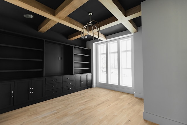 interior space with beam ceiling, light hardwood / wood-style flooring, and coffered ceiling