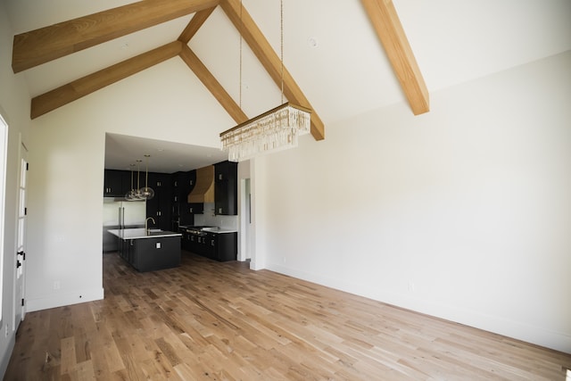 unfurnished living room with hardwood / wood-style floors, high vaulted ceiling, an inviting chandelier, sink, and beamed ceiling