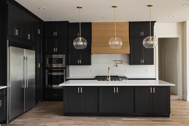 kitchen with appliances with stainless steel finishes, light wood-type flooring, and an island with sink