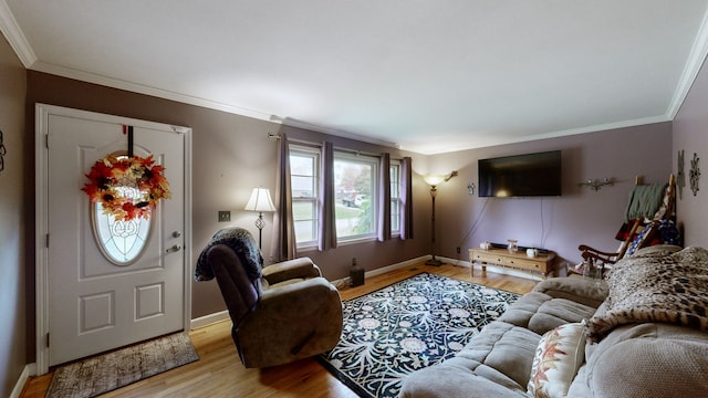 living room featuring light wood-type flooring and ornamental molding