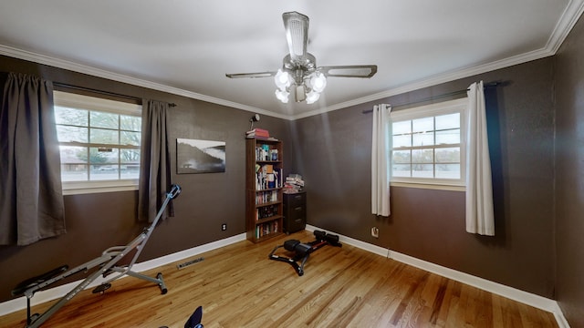 exercise room with ceiling fan, a healthy amount of sunlight, wood-type flooring, and crown molding