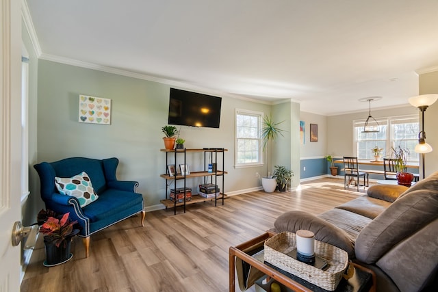 living room with ornamental molding and light hardwood / wood-style floors