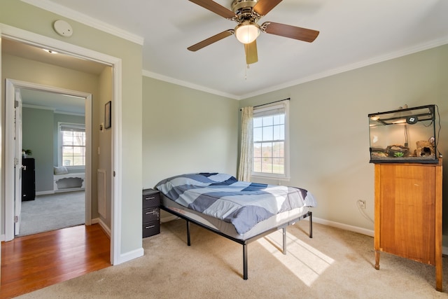 carpeted bedroom with multiple windows, crown molding, and ceiling fan