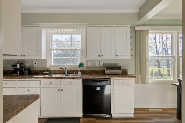 kitchen with sink, crown molding, dark hardwood / wood-style floors, black dishwasher, and white cabinets