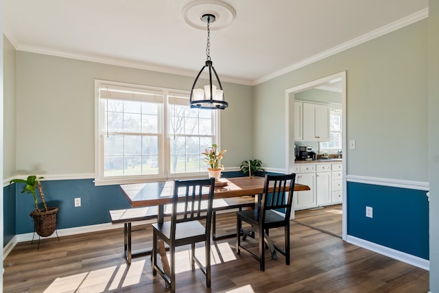 dining area with crown molding, a wealth of natural light, and dark hardwood / wood-style flooring