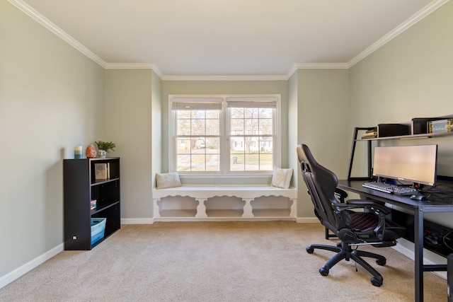 office space with crown molding and light colored carpet