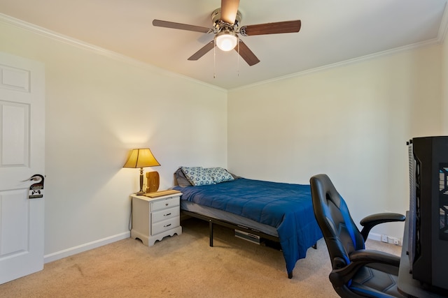 bedroom with light colored carpet, ornamental molding, and ceiling fan