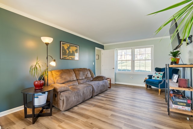 living room featuring ornamental molding and light hardwood / wood-style flooring