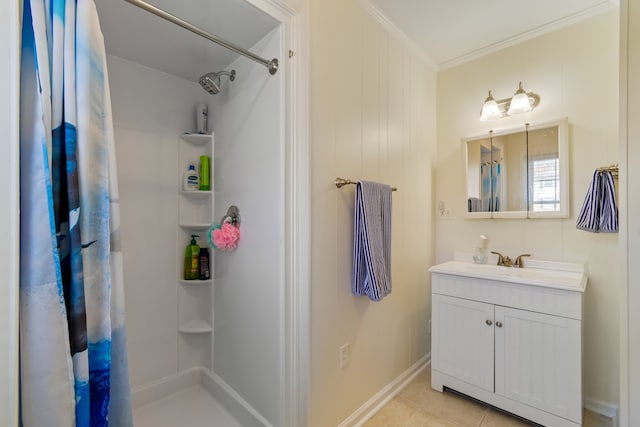 bathroom featuring crown molding, vanity, tile patterned floors, and a shower with shower curtain