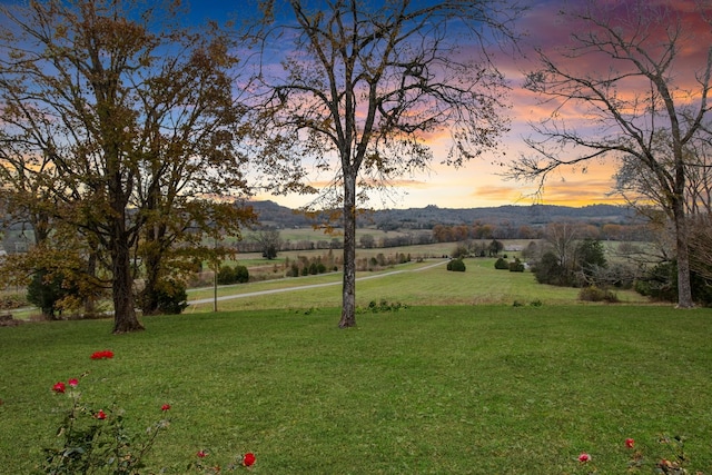 yard at dusk with a mountain view and a rural view