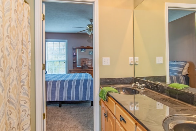 bathroom with ceiling fan, vanity, and a textured ceiling