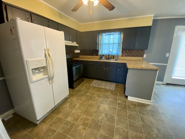 kitchen featuring electric range, white refrigerator with ice dispenser, sink, and a wealth of natural light