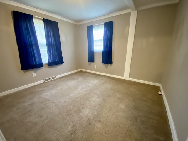 carpeted empty room with crown molding