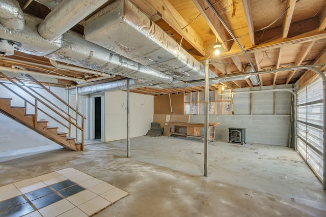 basement with a wood stove