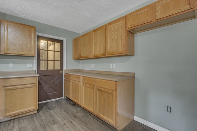 kitchen featuring light brown cabinets, a textured ceiling, and light hardwood / wood-style floors