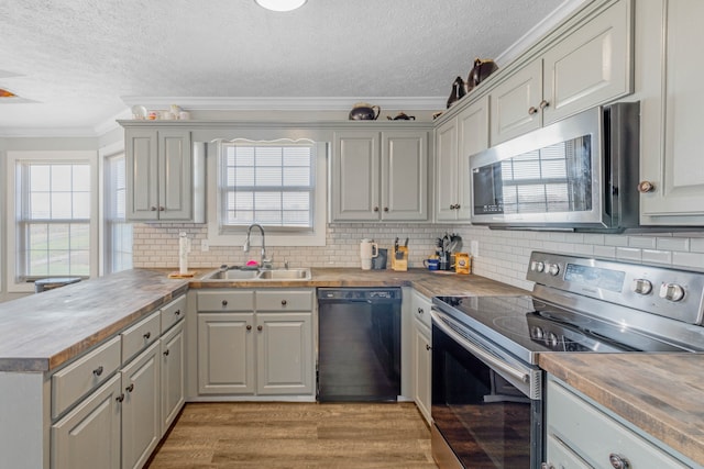 kitchen featuring a healthy amount of sunlight, crown molding, sink, and appliances with stainless steel finishes