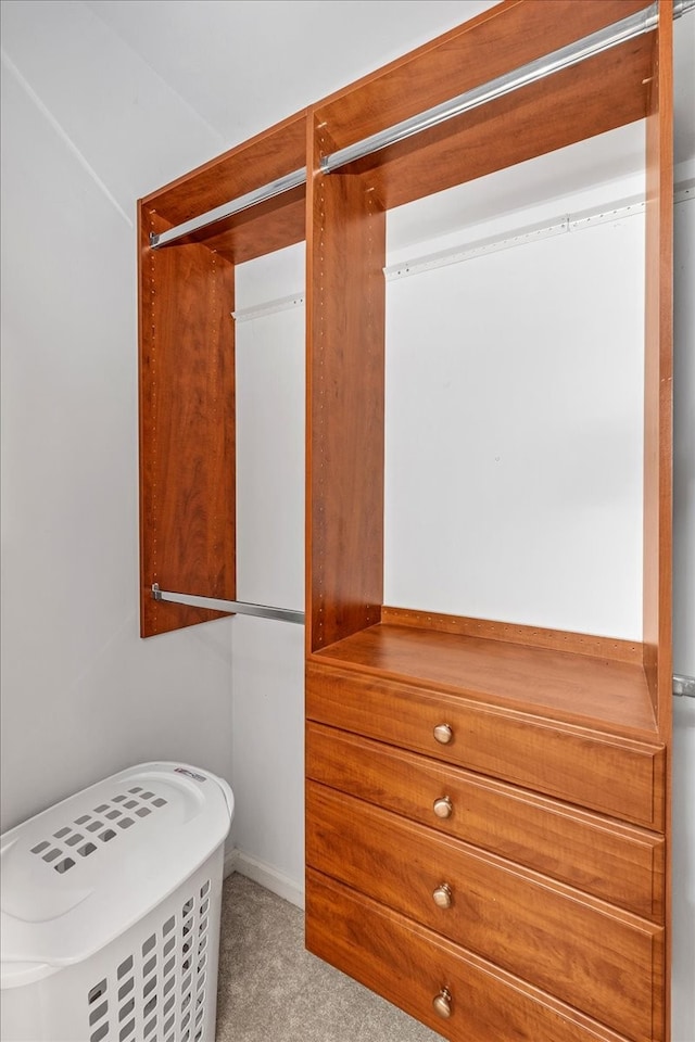 walk in closet featuring light carpet