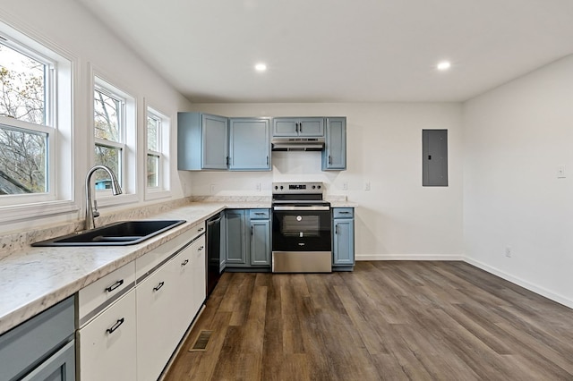 kitchen with electric panel, sink, appliances with stainless steel finishes, and dark wood-type flooring