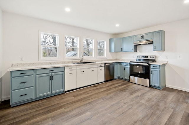 kitchen with appliances with stainless steel finishes, hardwood / wood-style flooring, and sink