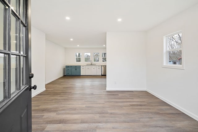 empty room with light wood-type flooring, sink, and a wealth of natural light