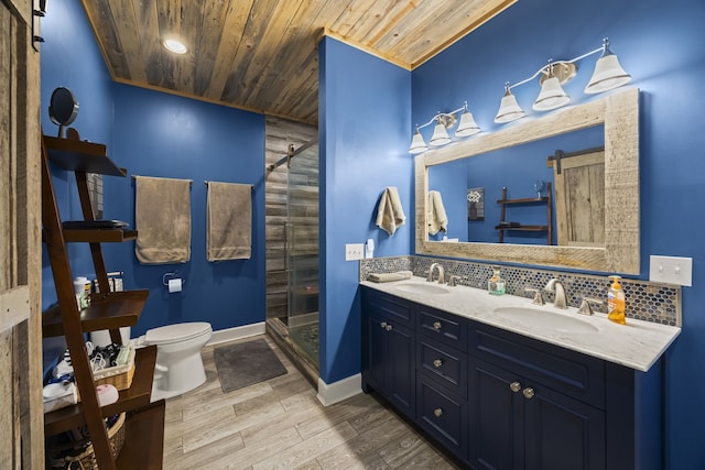 bathroom with hardwood / wood-style floors, toilet, walk in shower, tasteful backsplash, and wood ceiling