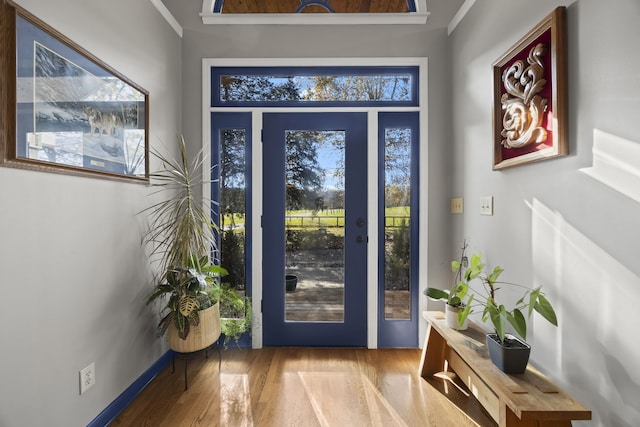 entrance foyer featuring light wood-type flooring, plenty of natural light, and ornamental molding