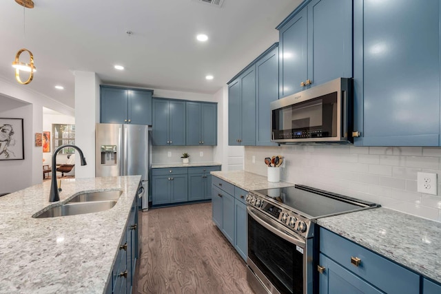 kitchen with stainless steel appliances, blue cabinets, dark wood-type flooring, sink, and hanging light fixtures