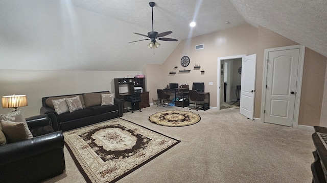 living room with ceiling fan, light colored carpet, a textured ceiling, and vaulted ceiling