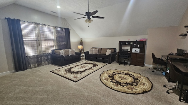 living room featuring carpet flooring, ceiling fan, a textured ceiling, and lofted ceiling