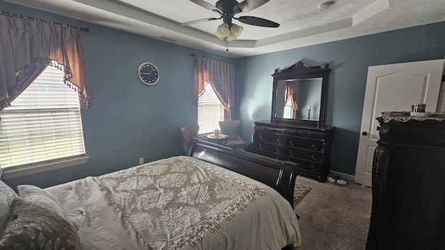 bedroom featuring carpet, ceiling fan, and a raised ceiling