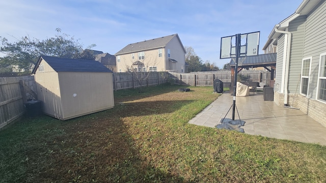 view of yard featuring a storage unit and a patio area