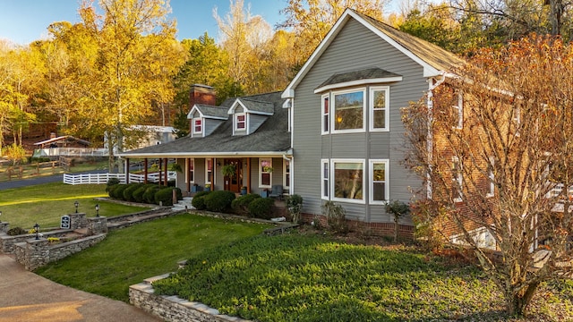 view of front of home with covered porch and a front lawn