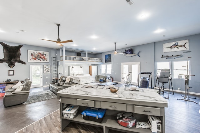 kitchen featuring ceiling fan, french doors, wood-type flooring, and plenty of natural light