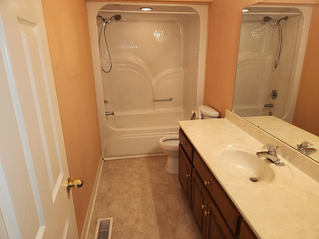 full bathroom with tile patterned flooring, vanity, toilet, and shower / washtub combination