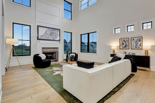 living room with a fireplace, a high ceiling, and light hardwood / wood-style flooring