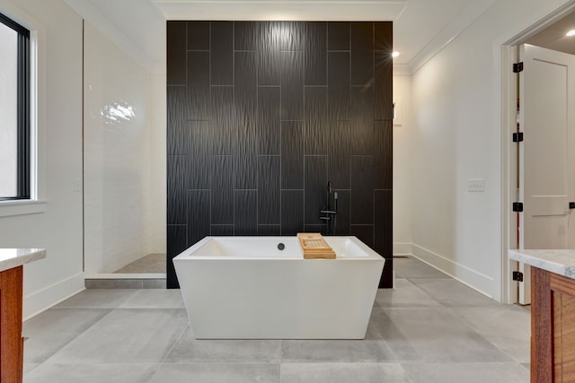 bathroom featuring concrete flooring, ornamental molding, vanity, and independent shower and bath