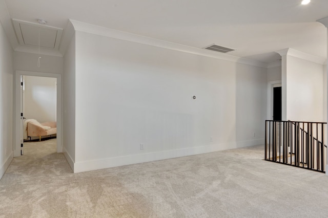 unfurnished room with light carpet and ornamental molding