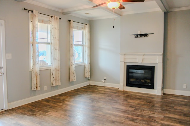 unfurnished living room with ceiling fan, dark hardwood / wood-style flooring, and ornamental molding