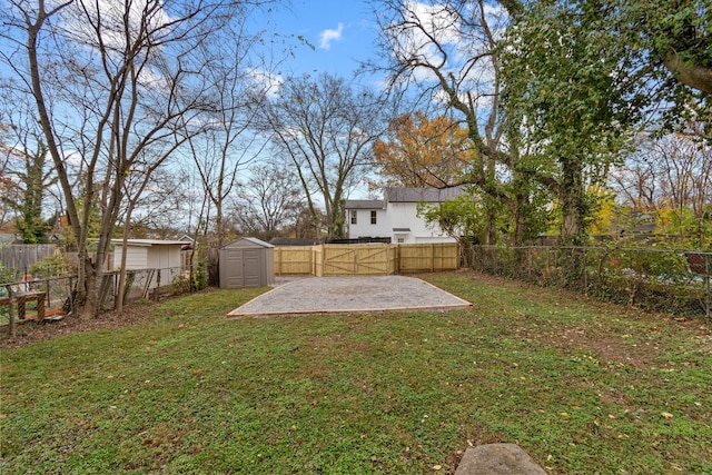 view of yard with a patio area and a shed