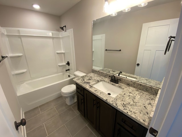 full bathroom featuring toilet, shower / tub combination, vanity, and tile patterned floors