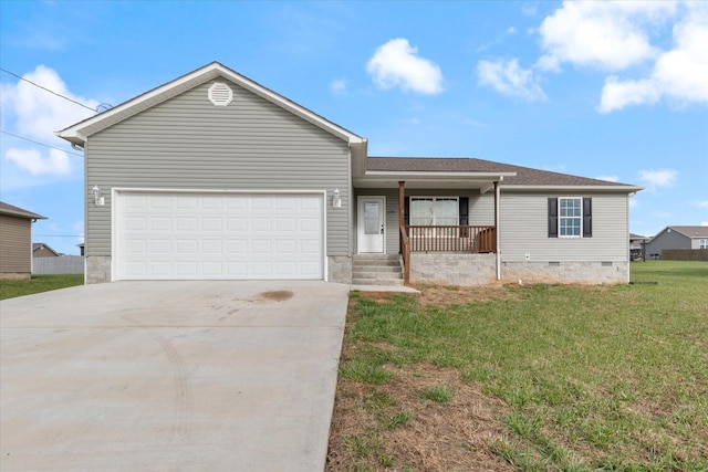 ranch-style home with a front lawn, a porch, and a garage