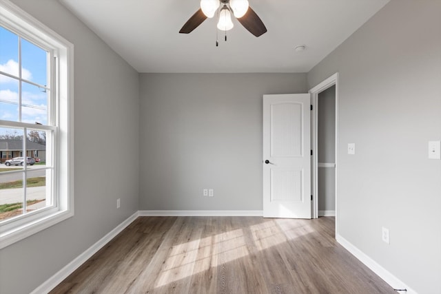 spare room with light hardwood / wood-style flooring, plenty of natural light, and ceiling fan